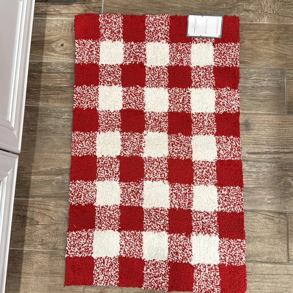Red white check brand new rug